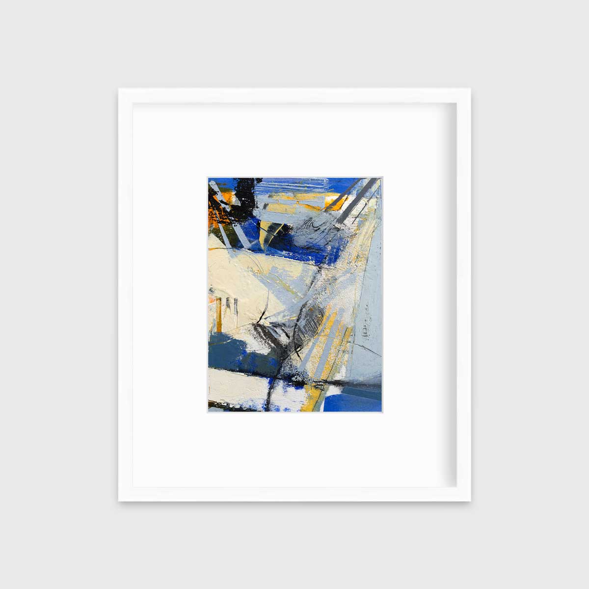 A blue, white, yellow and black abstract print in a white frame with a mat hangs on a white wall.