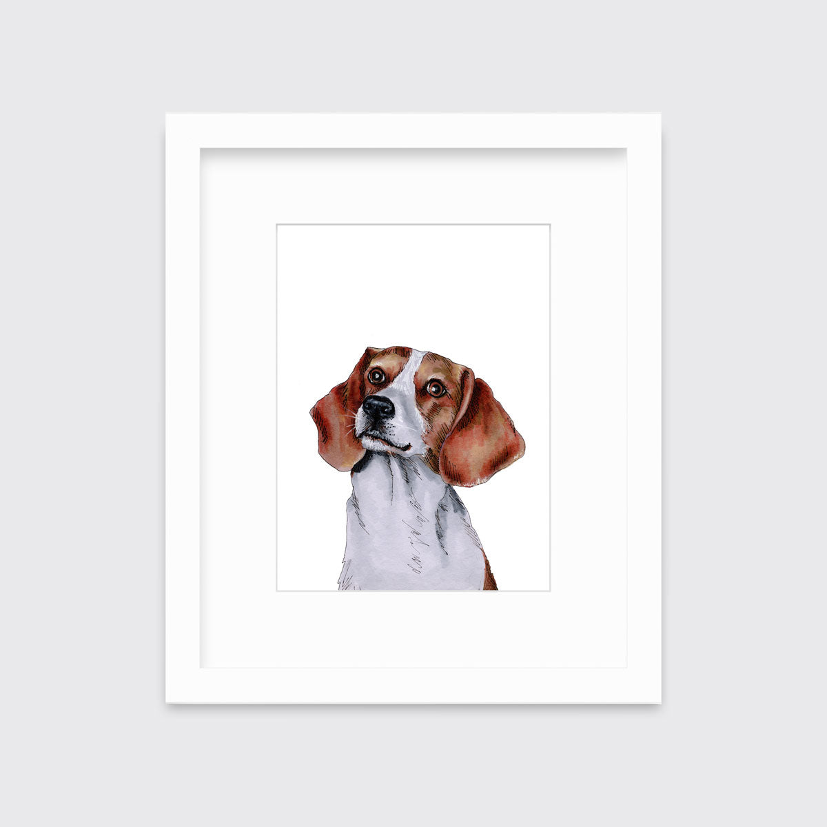 An illustration of a beagle dog framed in a white frame hangs on a white wall.