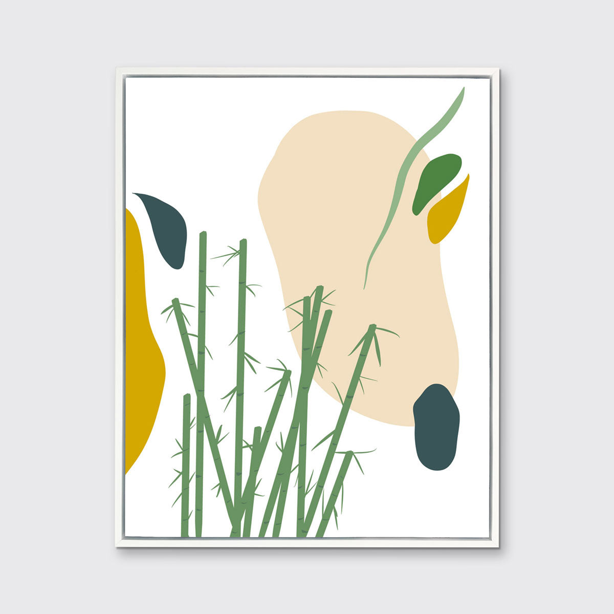 An abstract yellow, beige, blue, and green botanical art print framed in a white frame hangs on a light wall.