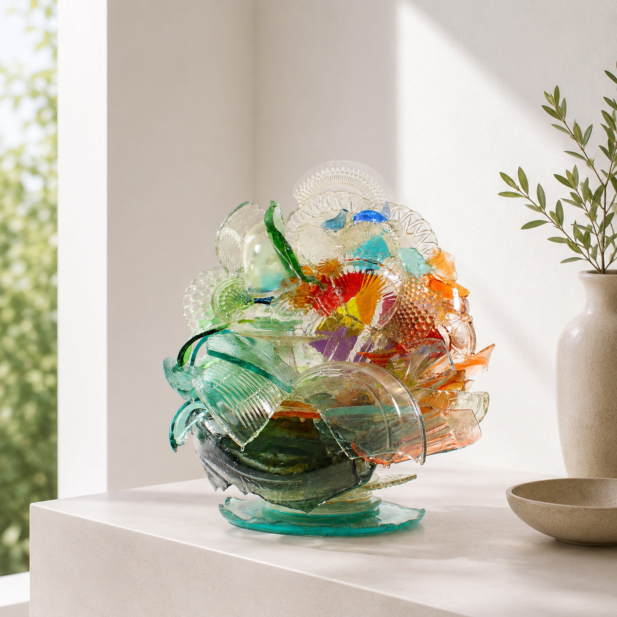 Colorful glass sculpture on a white surface with a blurred natural background