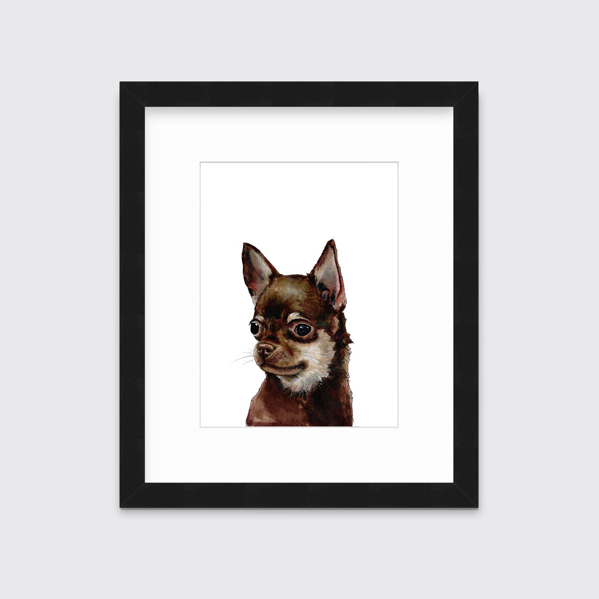 An illustration of a Chihuahua dog framed in a black frame hangs on a white wall.