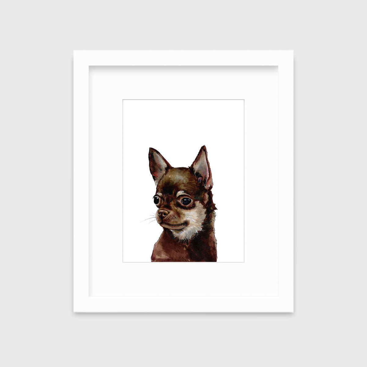 An illustration of a Chihuahua dog framed in a white frame hangs on a white wall.