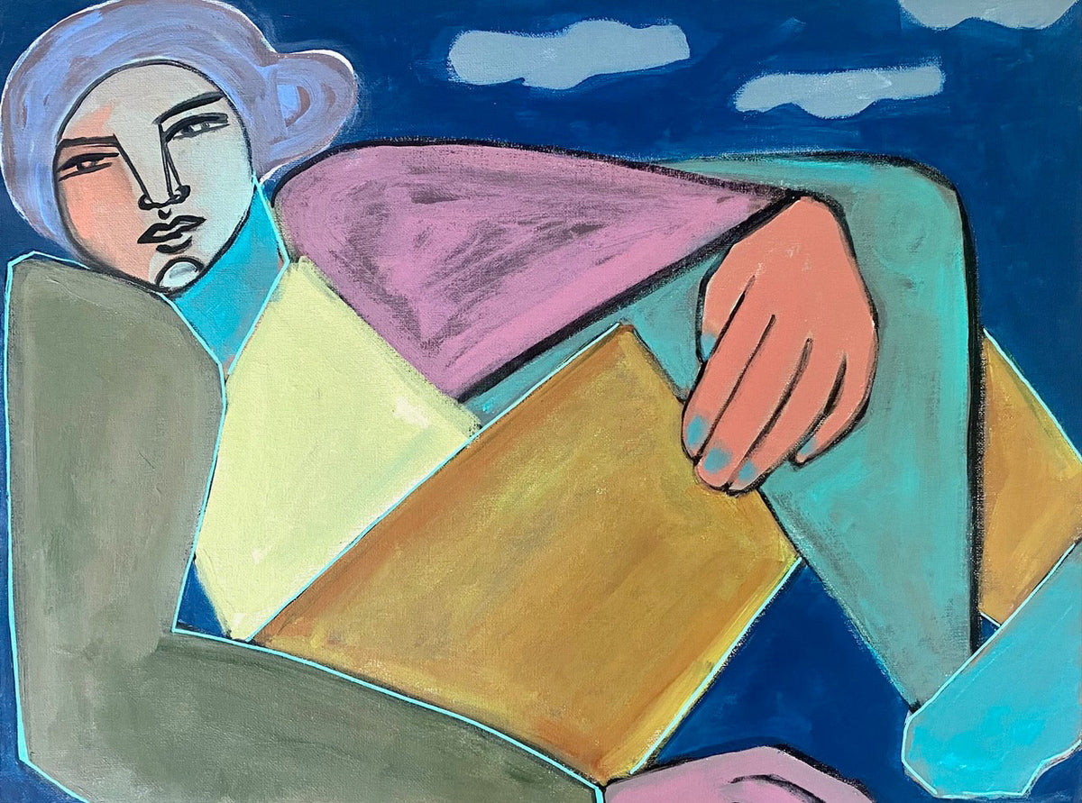 A colorful painting of an abstracted woman by Juniper Briggs. 