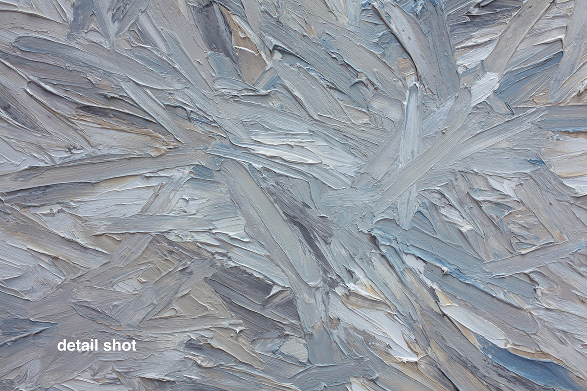 Close-up of textured gray and white paint strokes with 'detail shot' text.