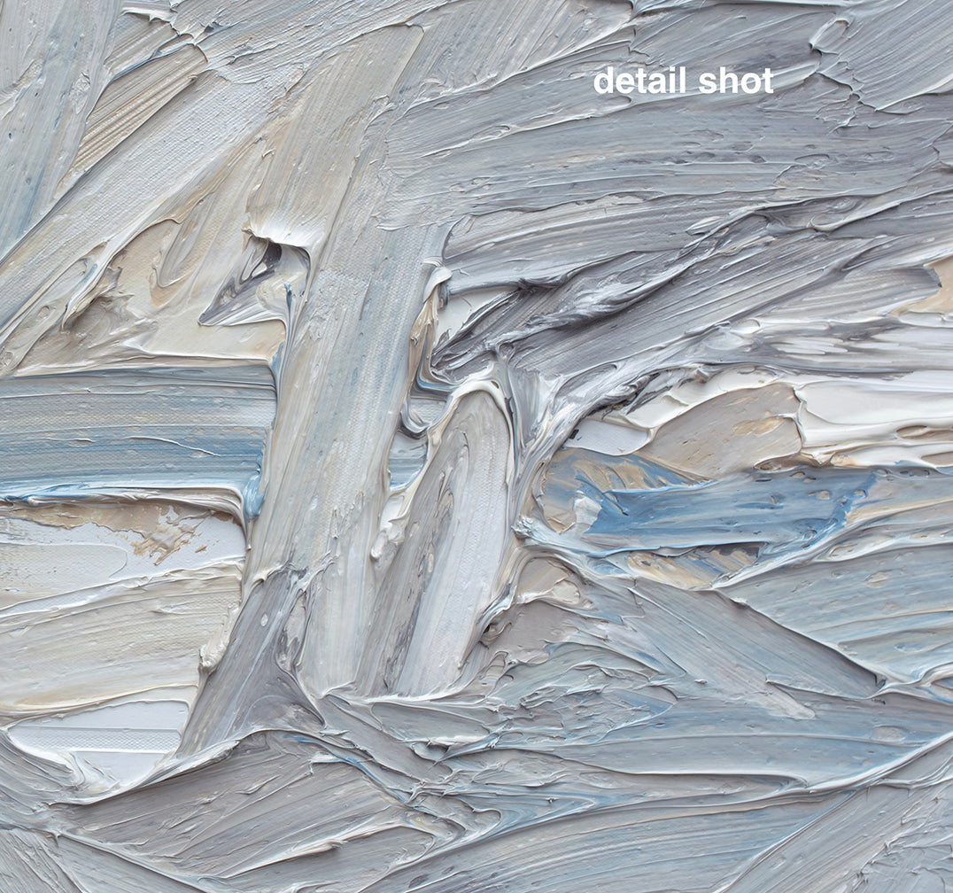 Close-up of textured gray and white paint strokes with 'detail shot' text.