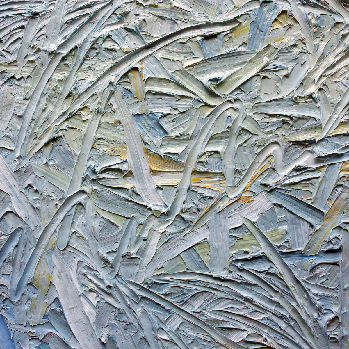 Detail shot of an abstract painting with textured brushstrokes in gray, blue, and green tones.