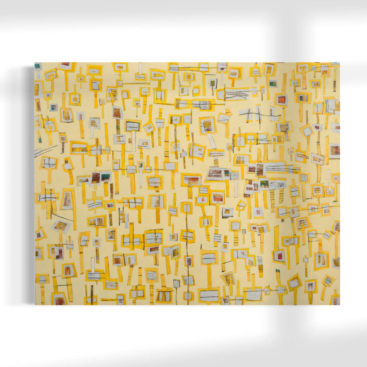 Original abstract painting with white and gray patterns on a white background