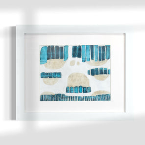 Framed abstract artwork with blue and beige patterns on a white background