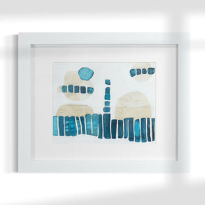 Framed abstract artwork with blue and beige elements on a white background