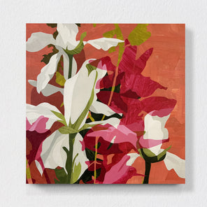 Floral artwork with red, white, and pink flowers on a textured red background hanging on a white wall.