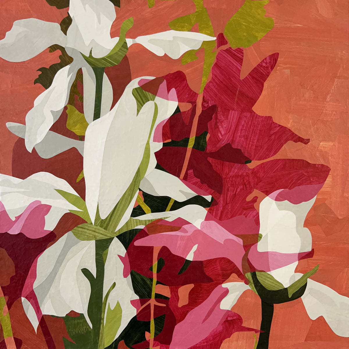Original painting that has a colorful floral pattern with white, pink, and red flowers on a textured red background