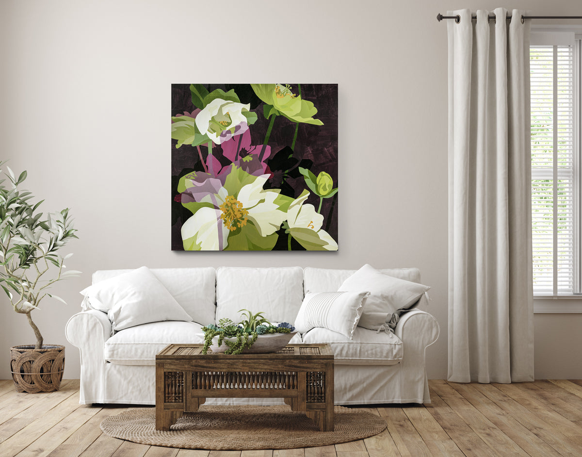 Living room with a white sofa, wooden coffee table, and floral artwork on the wall.