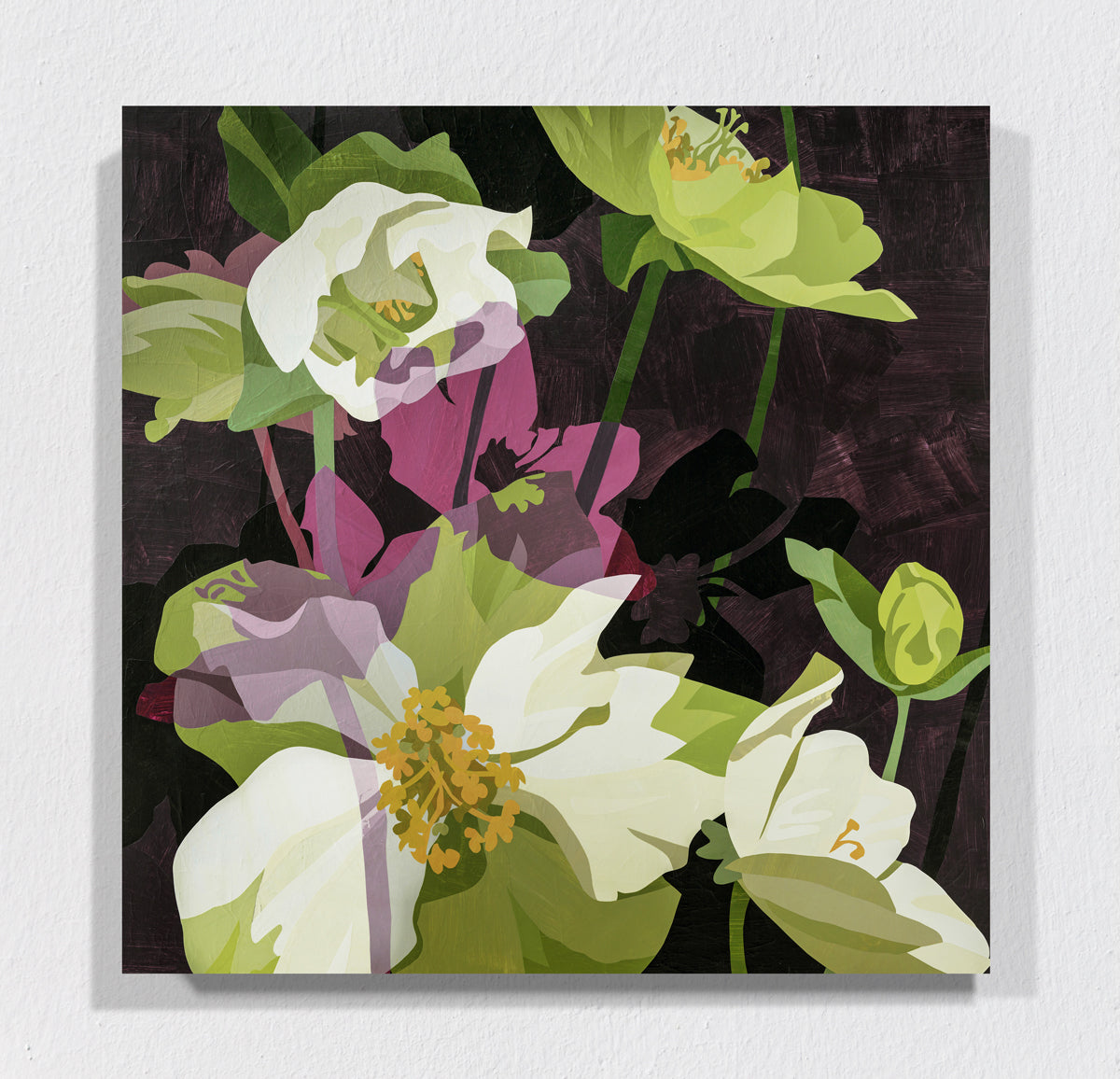 Floral painting with white, green, and purple flowers on a dark background hanging on a wall.