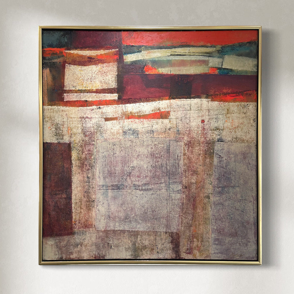 original abstract modern oil painting featuring geometric patterns with warm colors on a square canvas frame.