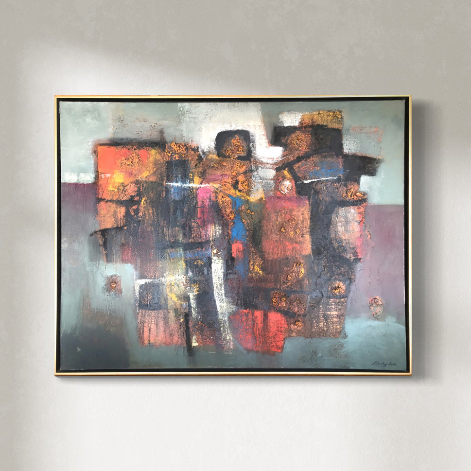 original abstract modern oil painting featuring a grid of colorful shapes on a canvas, predominantly in shades of black, brown, and red, with a gold frame.