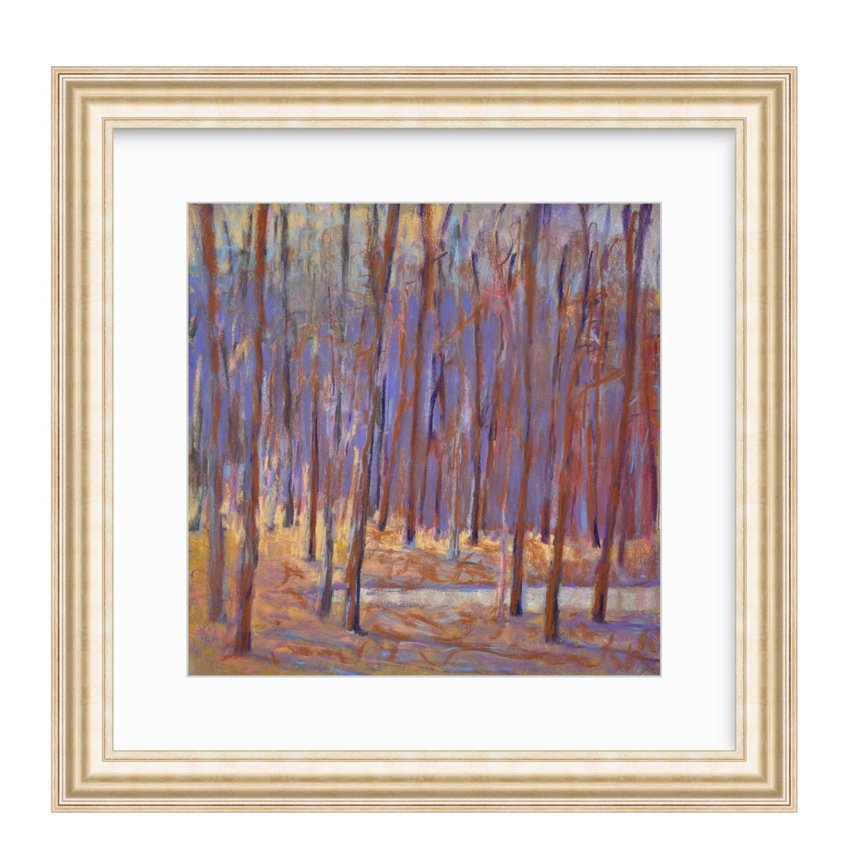Framed painting of a forest scene with trees and ground.