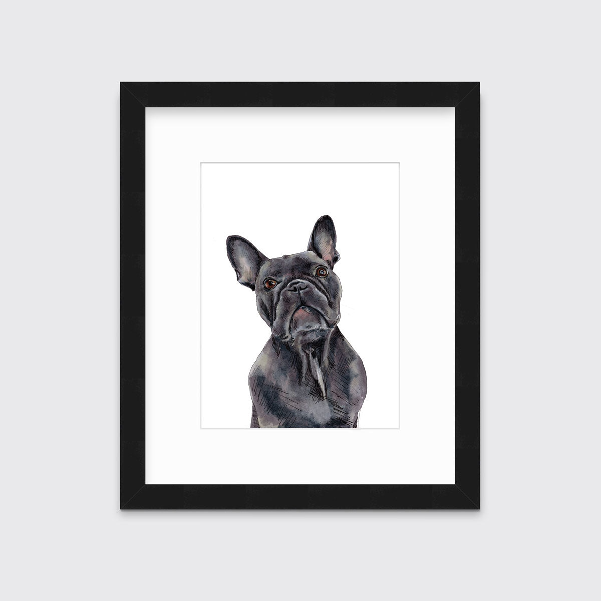 An illustration of a French bulldog framed in a black frame hangs on a white wall.