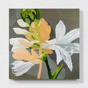 Abstract floral artwork with green, orange, and white flowers on a gray background hanging on a white wall.