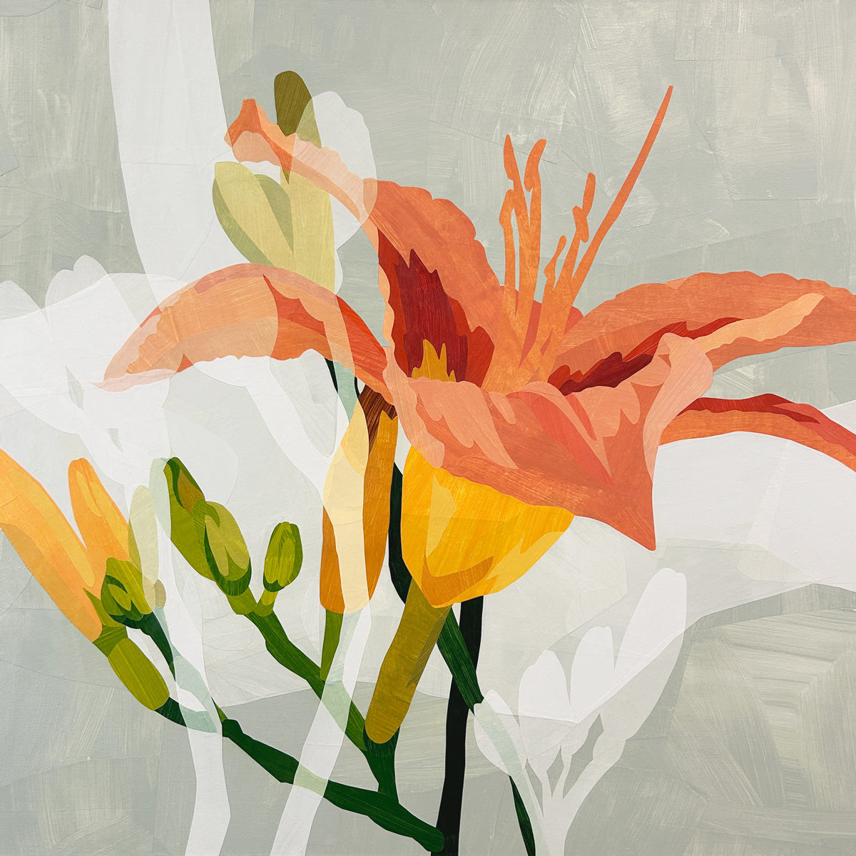 Original artwork featuring abstract floral elements in orange, yellow, and green on a grey background presented on canvas.