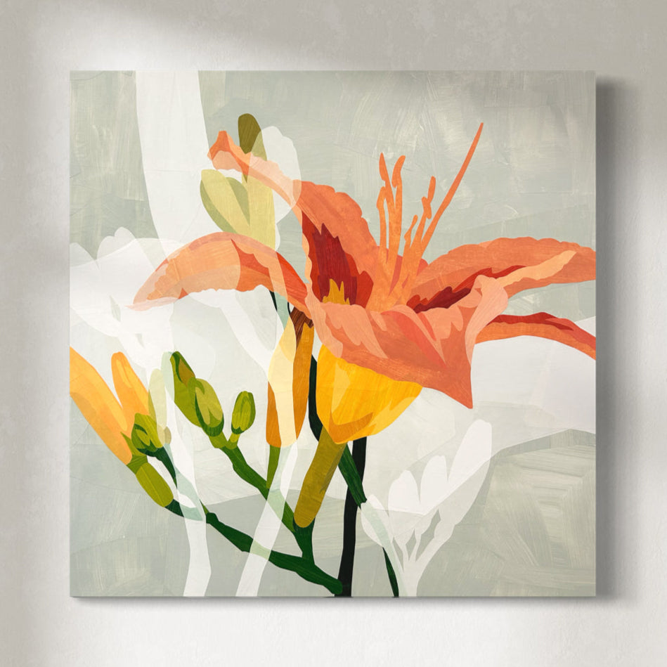 Original artwork featuring abstract floral elements in orange, yellow, and green on a grey background presented on canvas hanging on a wall.