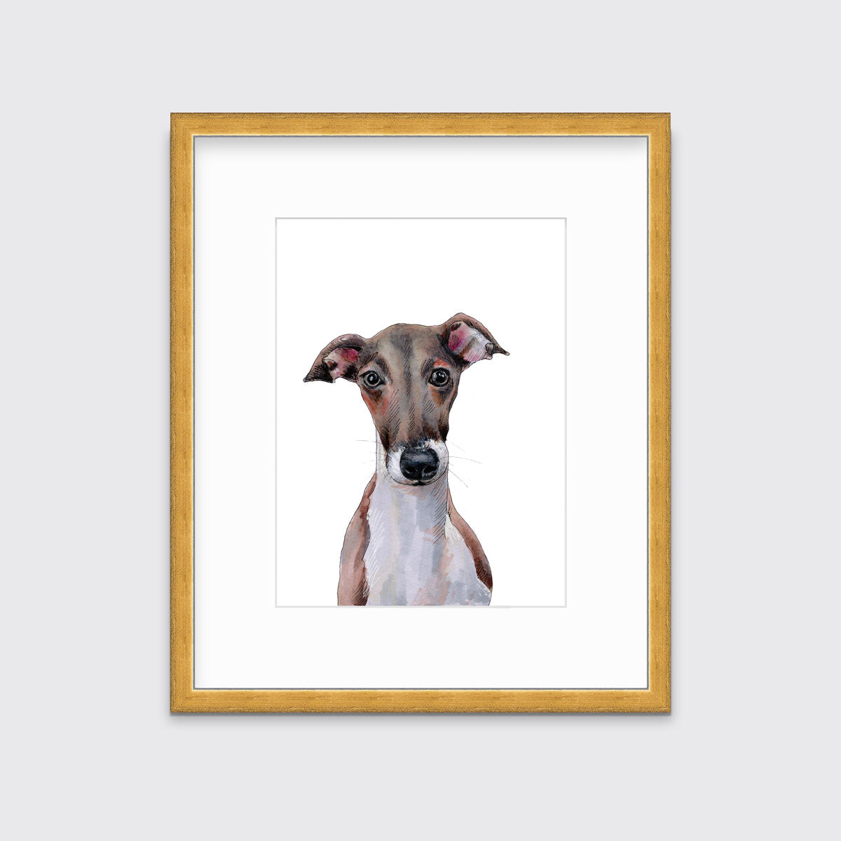 An illustration of an Italian Greyhound dog framed in a gold frame hangs on a white wall.