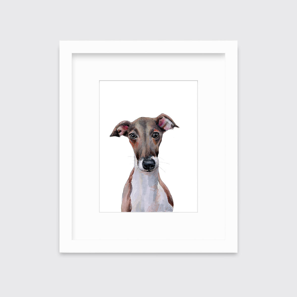 An illustration of an Italian Greyhound dog framed in a white frame hangs on a white wall.