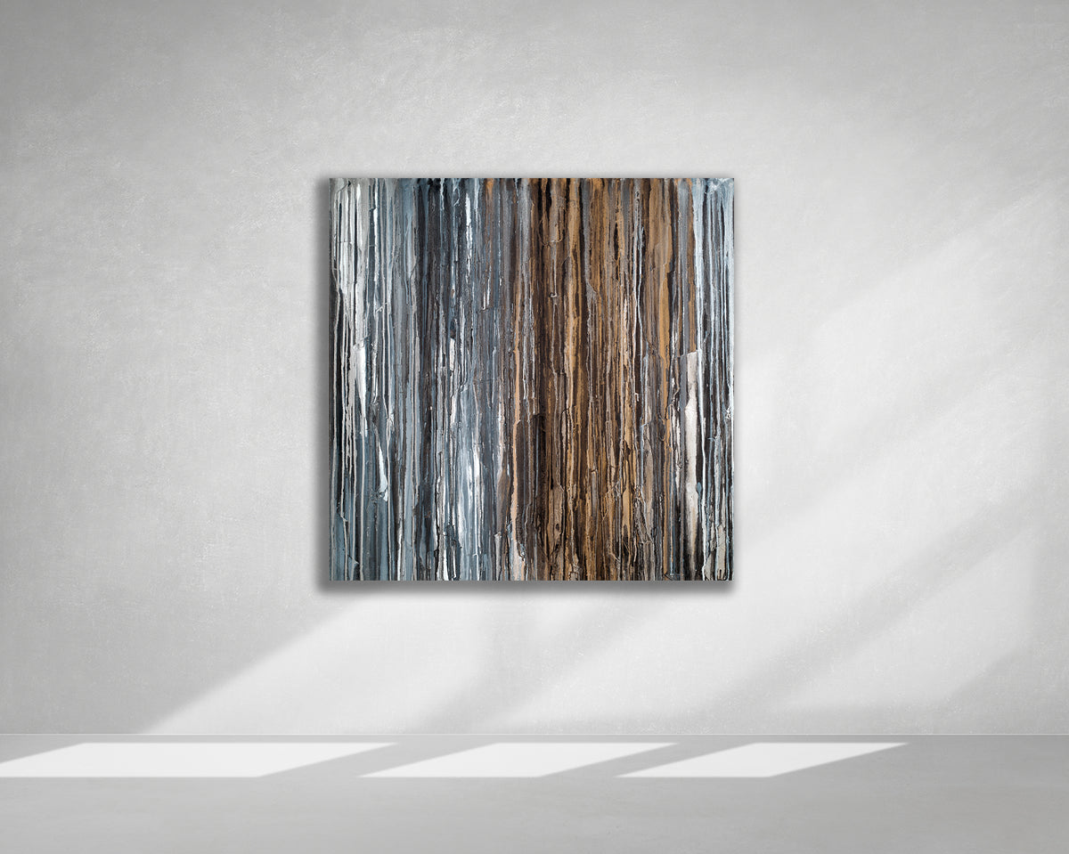 A 48" x 48" original abstract painting with beige, black, brown, gray, and white dripped oil paint, titled 'Just Add Shoes' by Teodora Guererra.