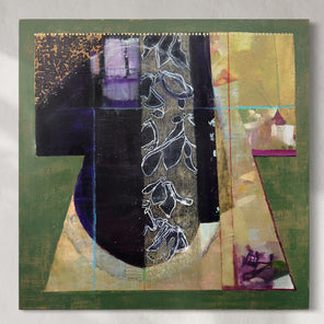 Original abstract art piece with geometric shapes and patterns on a green background hanging on a white wall.