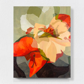 Abstract floral painting with red, orange, and beige flowers on a light gray background hanging on a white wall.