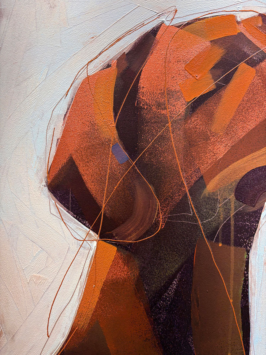 A close up view of an abstract painting with geometric shapes in terracotta orange, deep brown, and black, accented by thin orange lines on a textured off-white background.