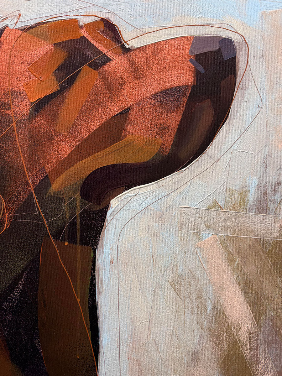 A close up view of an abstract painting of a dog with layered brushstrokes in terracotta, rust, brown, cream, and charcoal, featuring organic shapes and textured paint application.