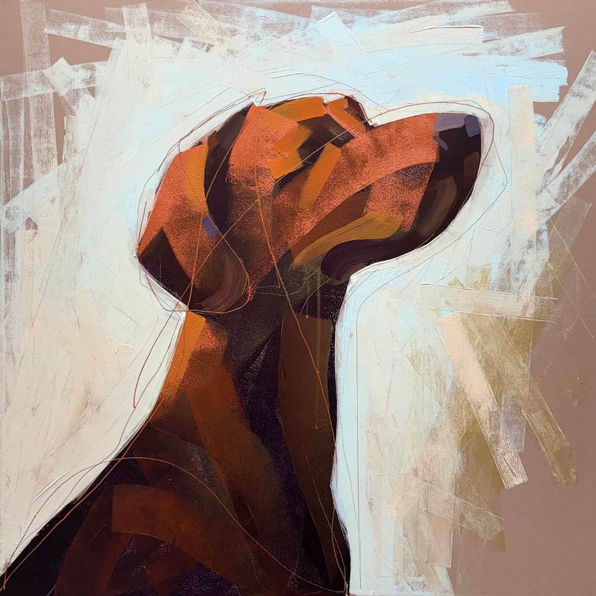 An abstract painting of a dog's head and neck in profile, rendered with layered brushstrokes in warm brown, terracotta, cream, and pale blue on a beige background.