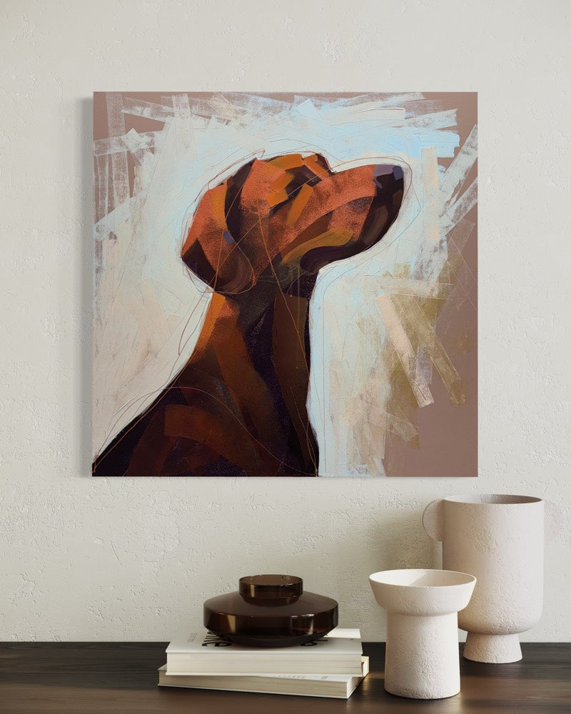 An abstract painting of a dog's head in warm brown, orange, and beige tones, displayed on a wall above a dark wooden table with books and ceramic vases.
