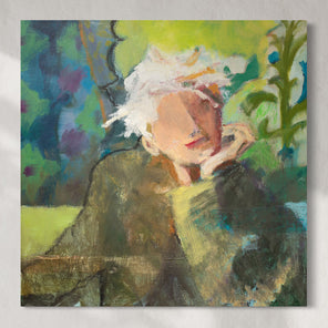 Original abstract painting of a person with white hair and a green coat, surrounded by colorful abstract shapes hanging on a white wall. 