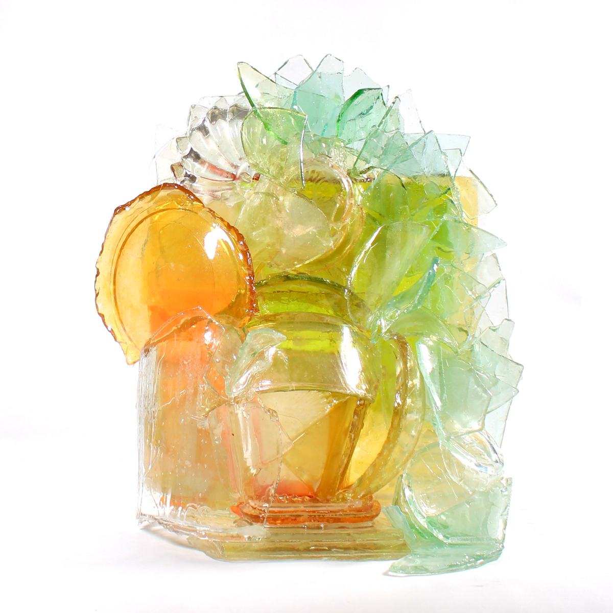 Colorful glass sculpture on a white background.