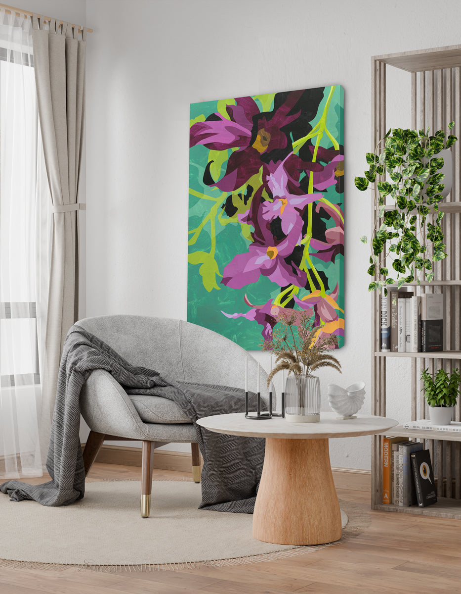 Living room with a gray sofa, wooden coffee table, and colorful floral painting on the wall.