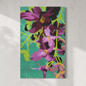 Floral painting with purple flowers on a teal background hanging on a white wall