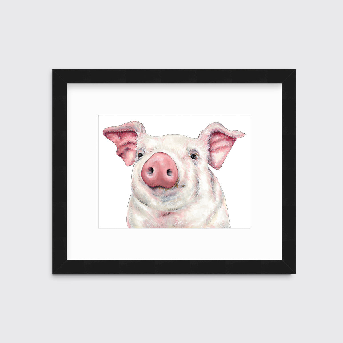An illustration of a pig framed in a black frame hangs on a white wall. 