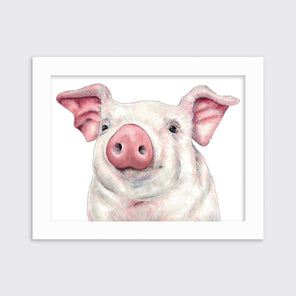 An illustration of a pig framed in a white frame hangs on a light grey wall. 