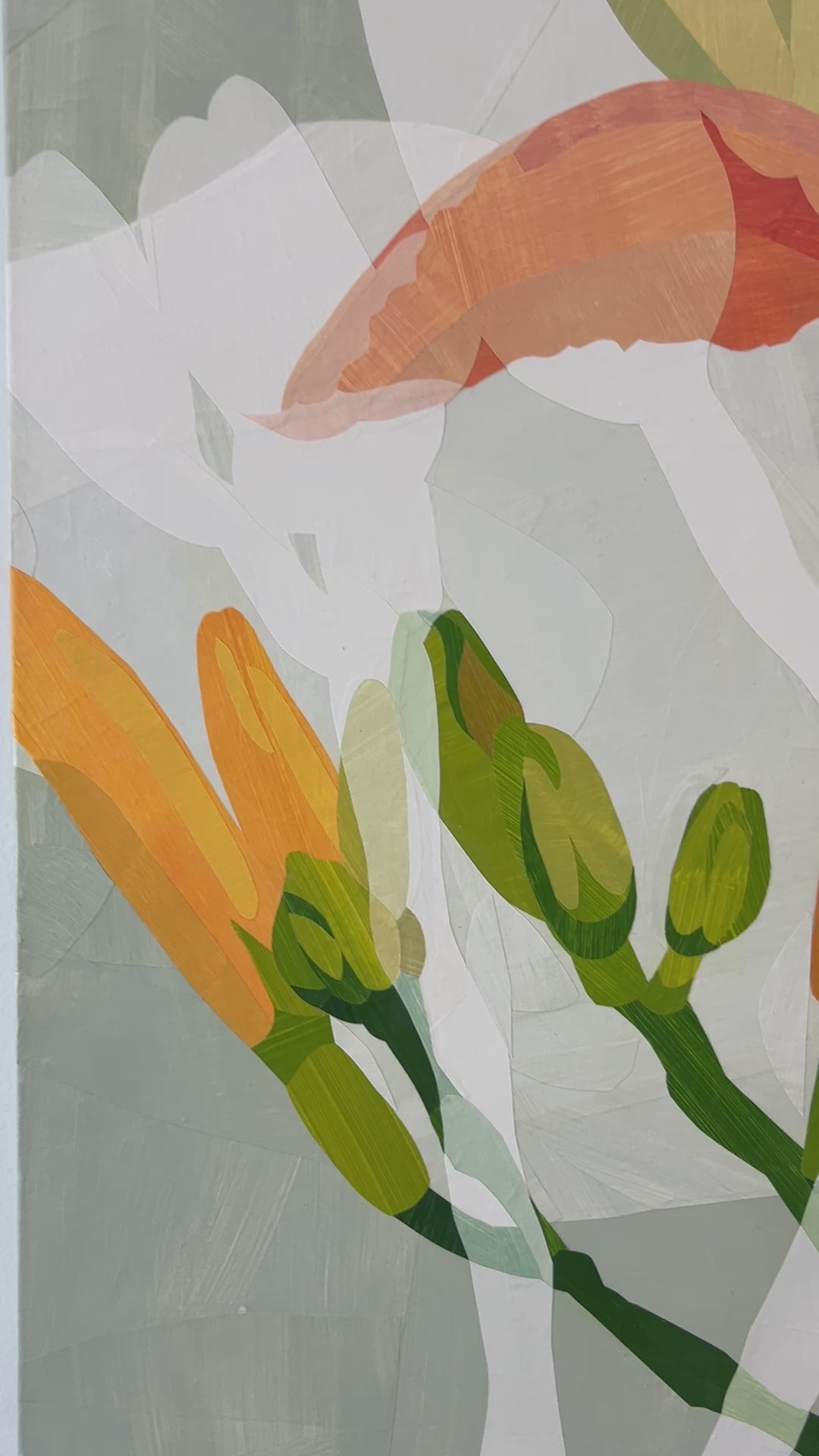 A video of an Original artwork featuring abstract floral elements in orange, yellow, and green on a grey background presented on canvas hanging on a wall.