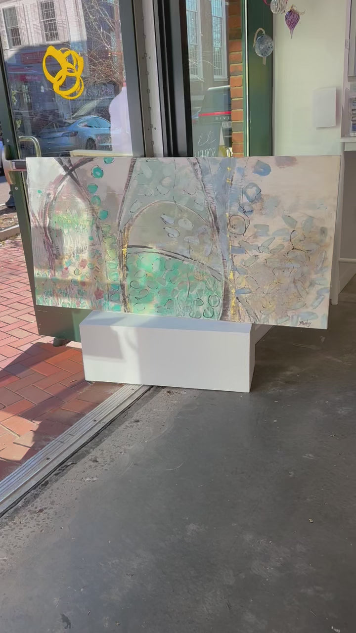 A video of a blue, beige, and turquoise abstract painting.