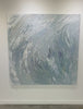 A video of a Grey blue, light blue, lavender, celadon and white thickly textured abstract painting hanging on a wall by Teodora Guererra.