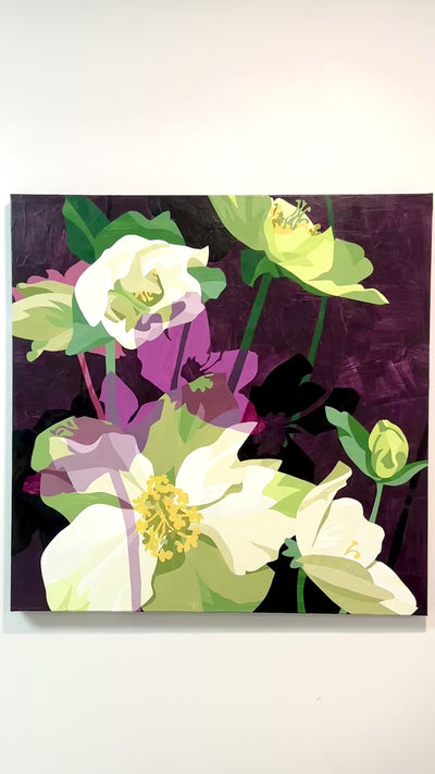 A Video of a Floral painting with white, green, and purple flowers on a dark background hanging on a wall.