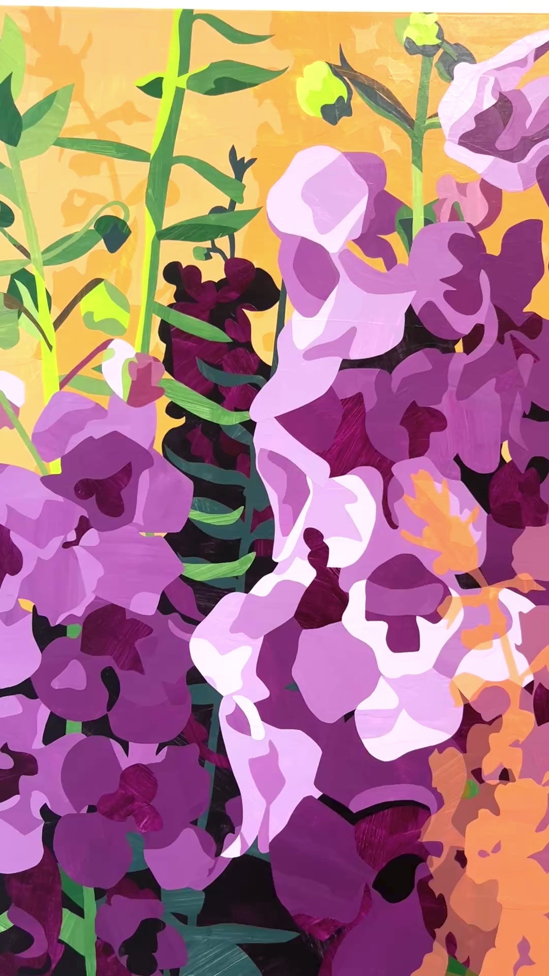 A video of an abstract painting of flowers on a white wall