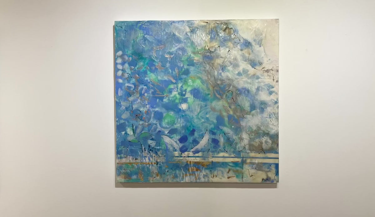 A video of an encaustic painting with blue and turquoise marks is hung on a gallery wall. Wired and ready to hang.