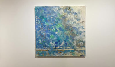 A video of an encaustic painting with blue and turquoise marks is hung on a gallery wall. Wired and ready to hang.