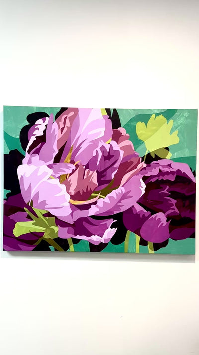 A video of a Floral painting with pink and purple flowers on a teal background hanging on a white wall