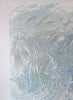 A video of an original textured abstract painting with light blue, gray, and white tones on a white wall.