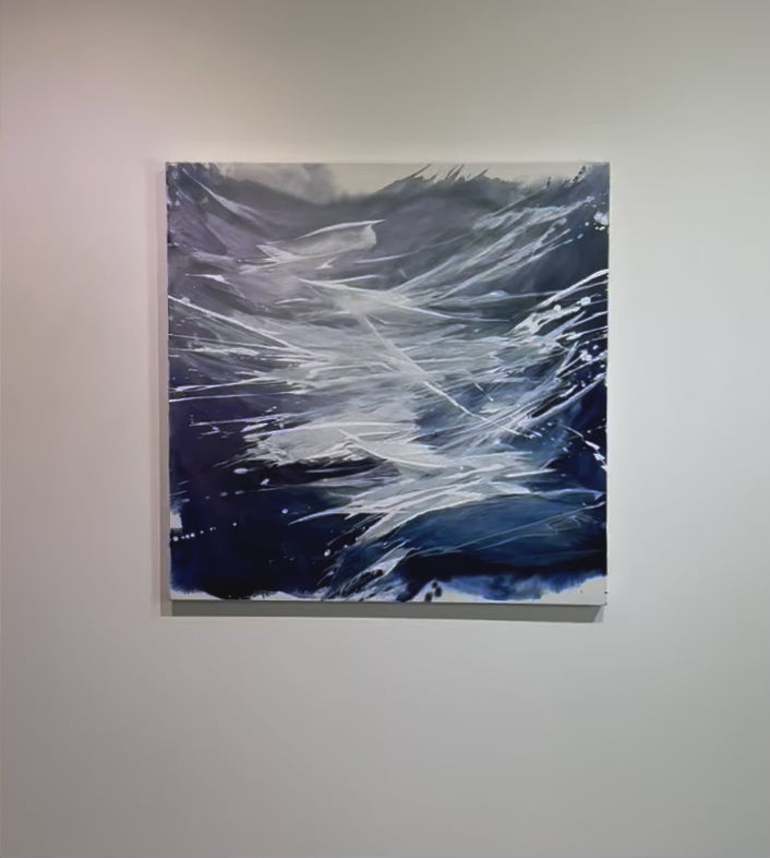 A video of an original artwork featuring abstract blue and white colors with a dynamic wave form, signed by Teodora Guererra.