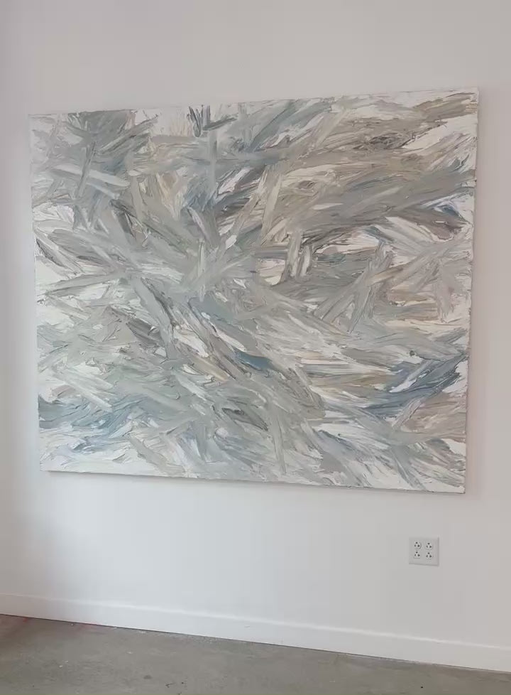 A video of an original abstract painting by Teo Guererra with blue and gray brush strokes hanging on a white wall.